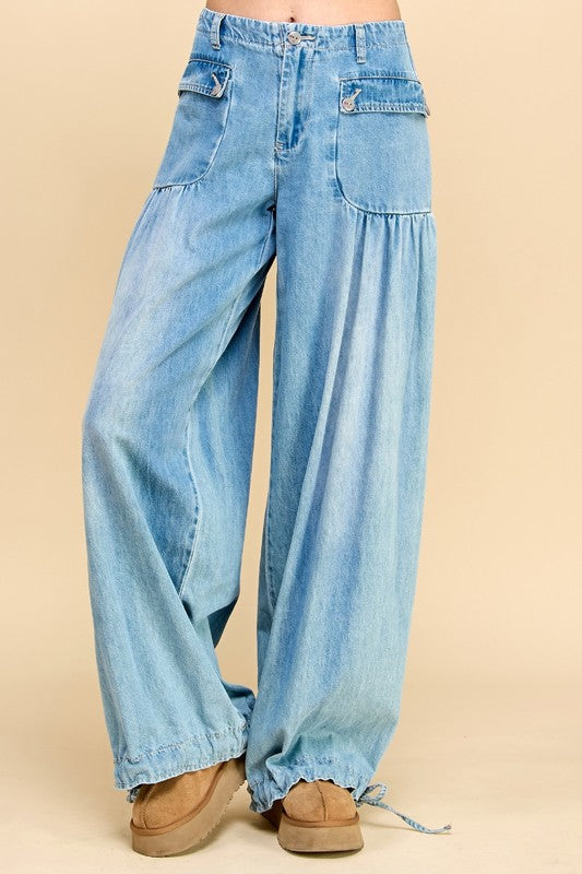 Ankle Drawstring Wide Denim Pants