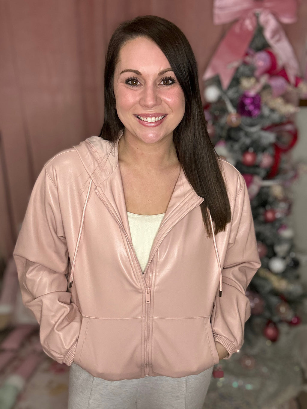 Pink Leather Hoodie Jacket