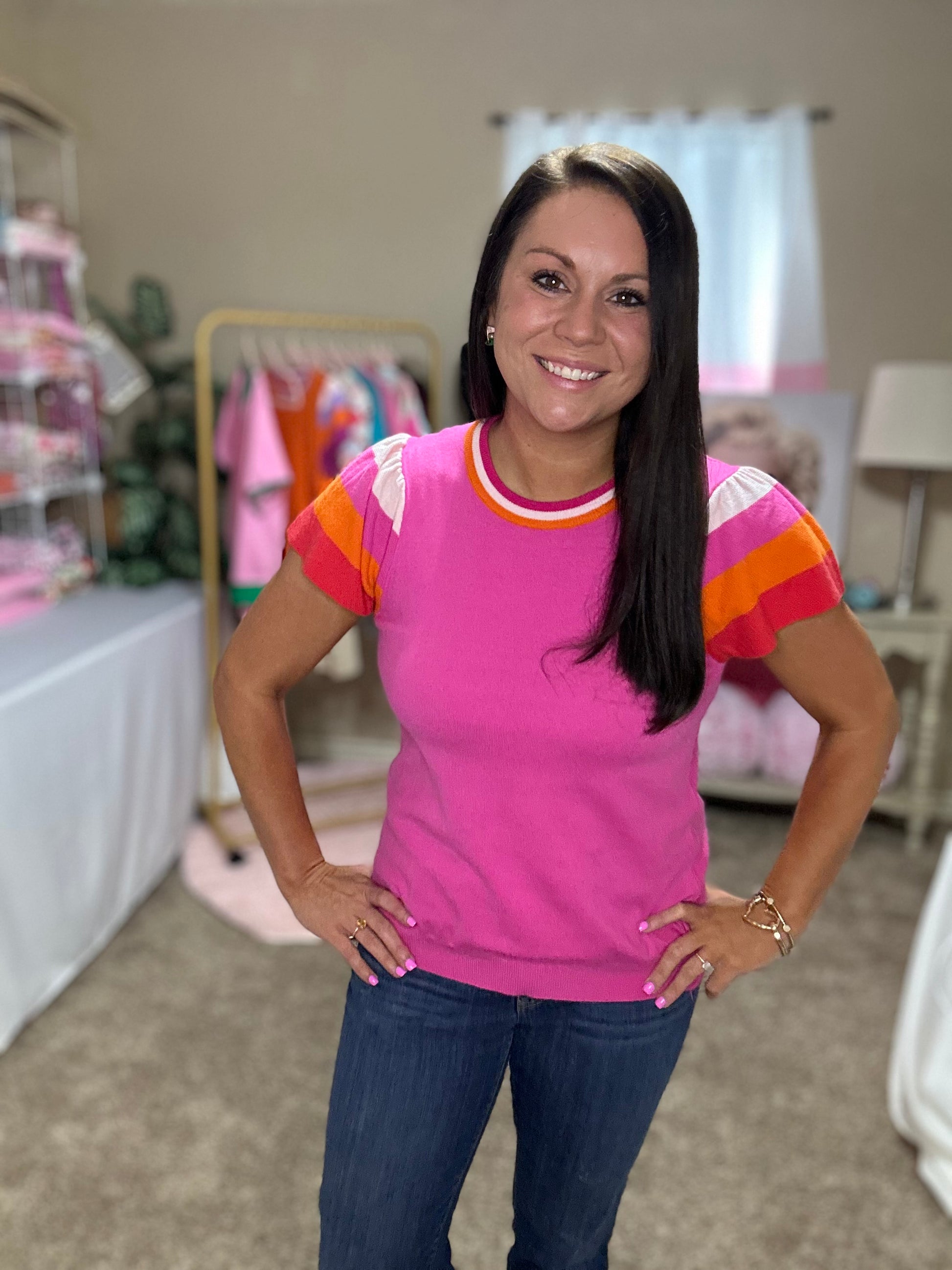 Crew Neck Knitted Top Contrasting Color Sweet Short Sleeved Sweater Pink or Orange