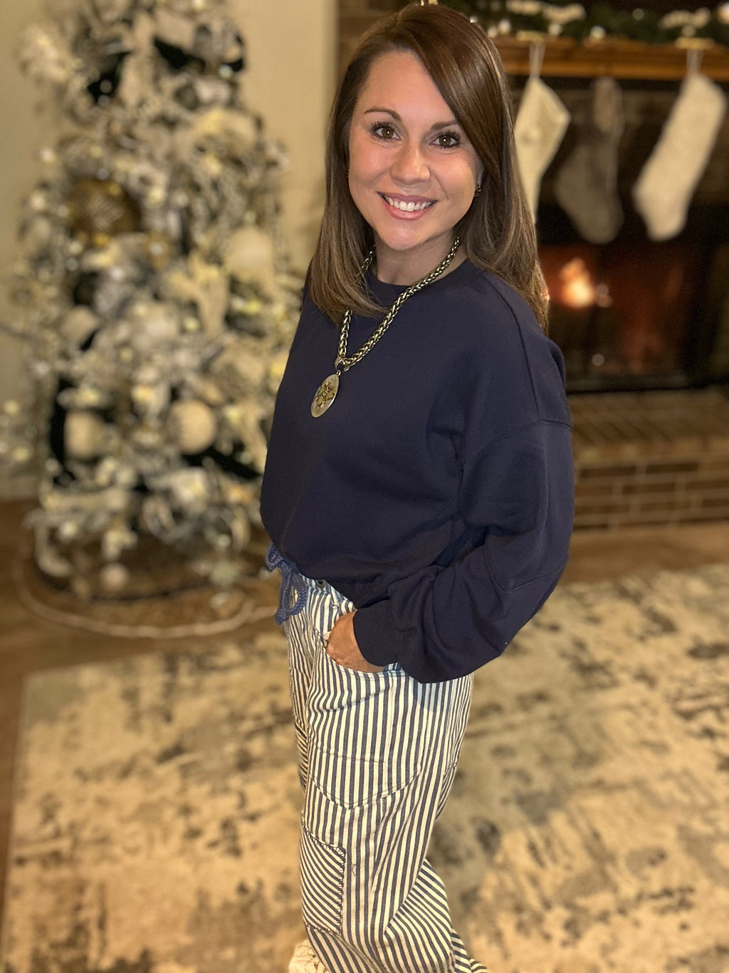 Navy Striped Barrel Pants