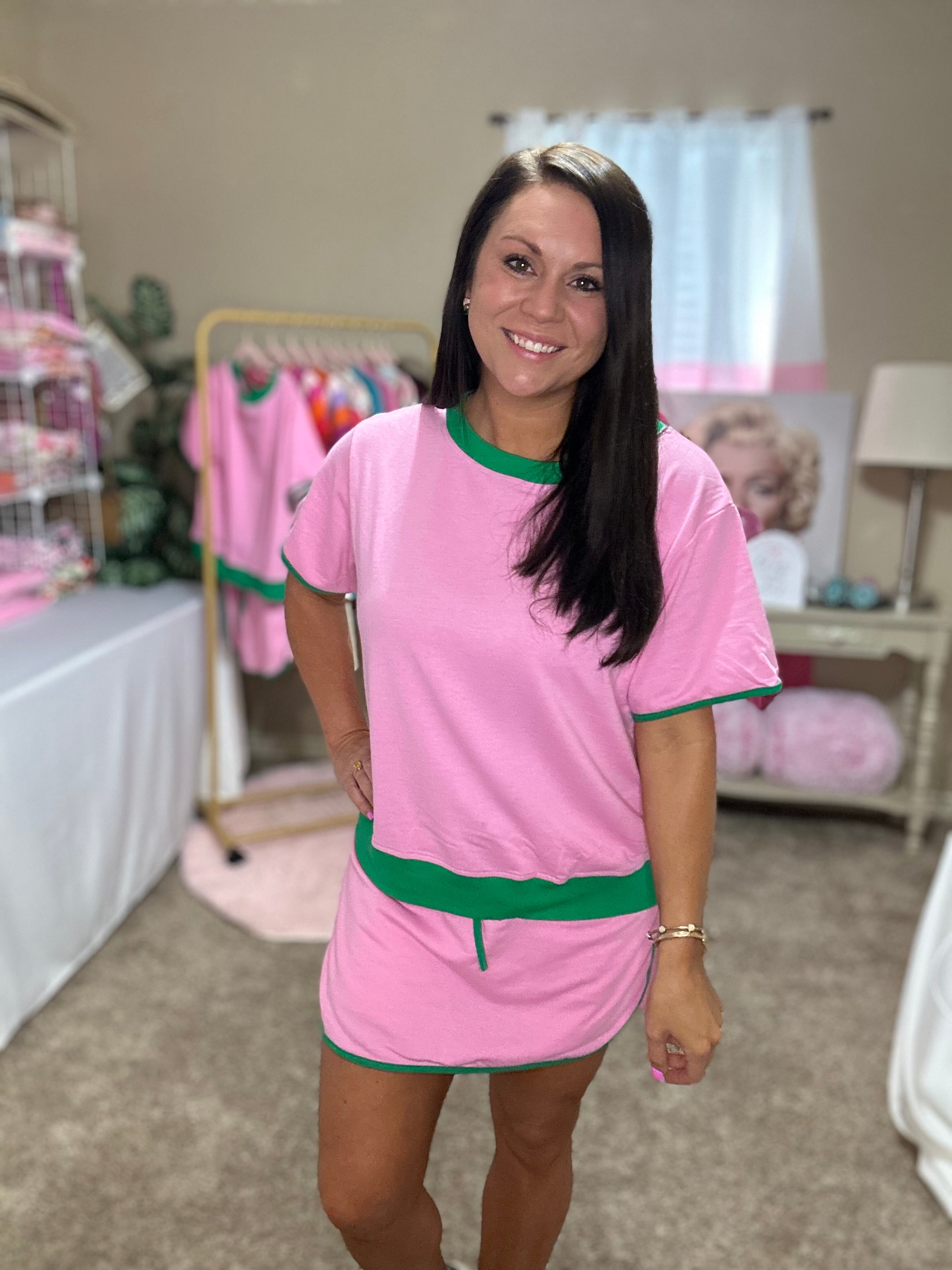Pink/Green Drop Shoulder 2pcs Set