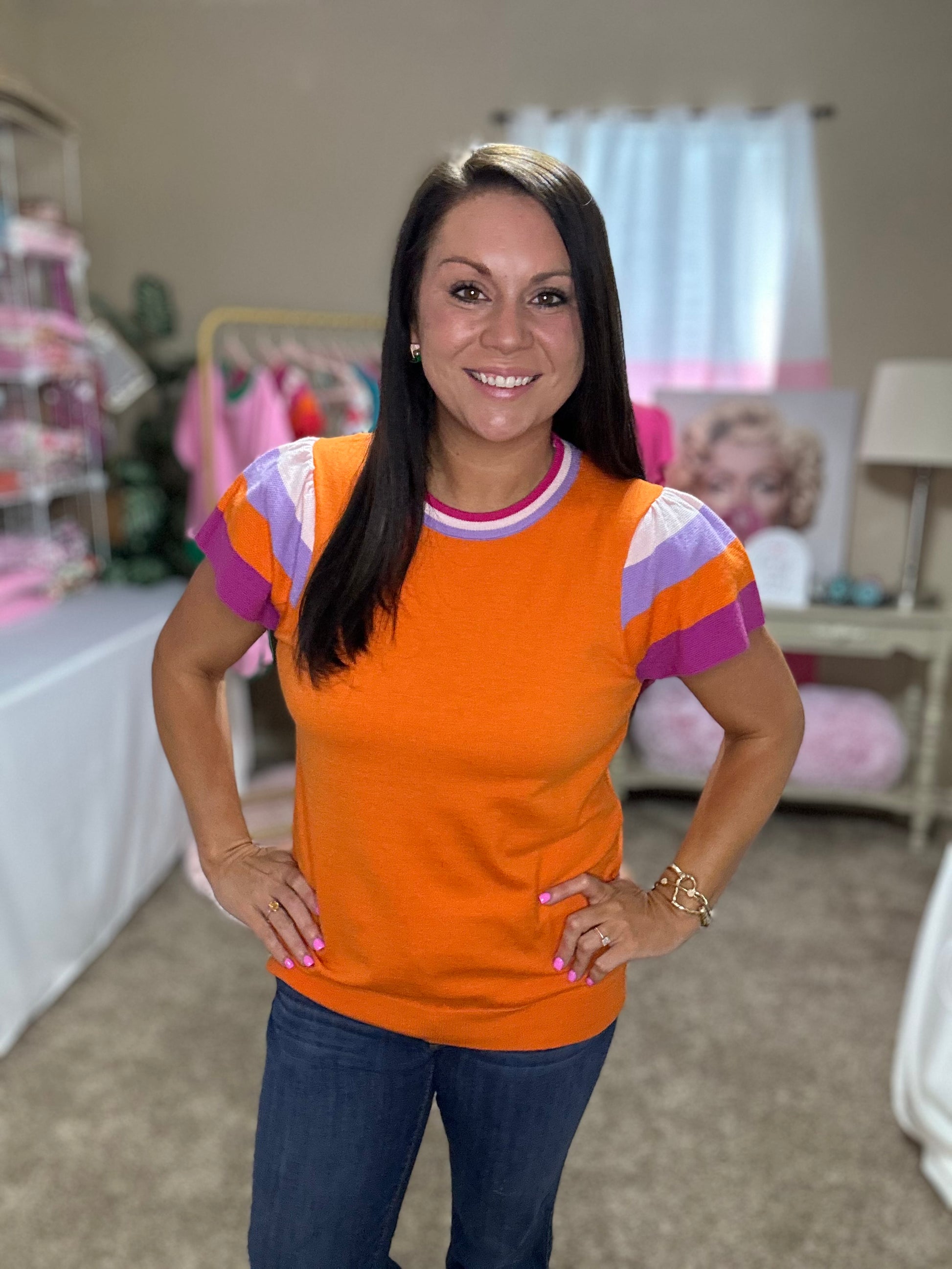 Crew Neck Knitted Top Contrasting Color Sweet Short Sleeved Sweater Pink or Orange