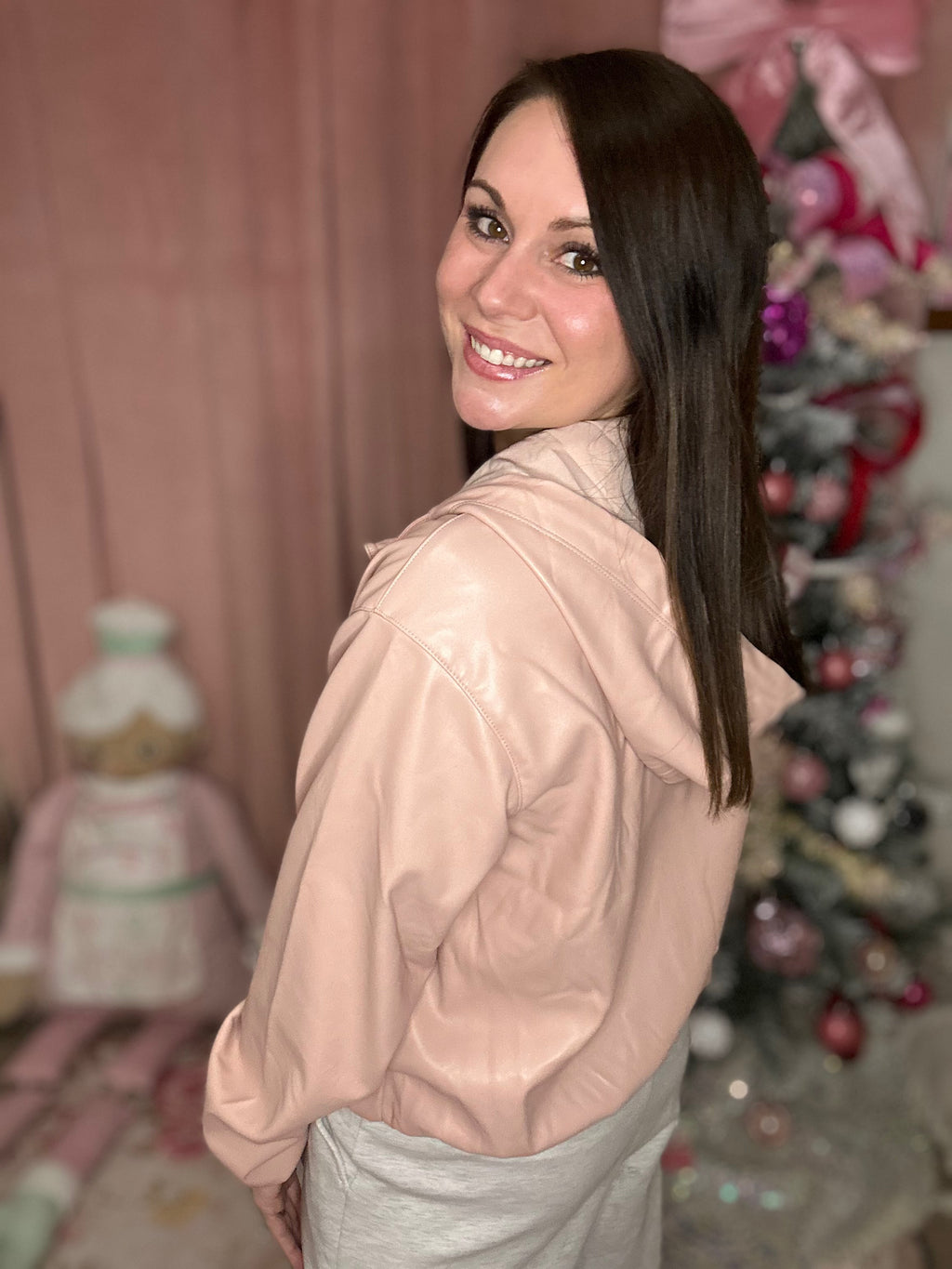 Pink Leather Hoodie Jacket