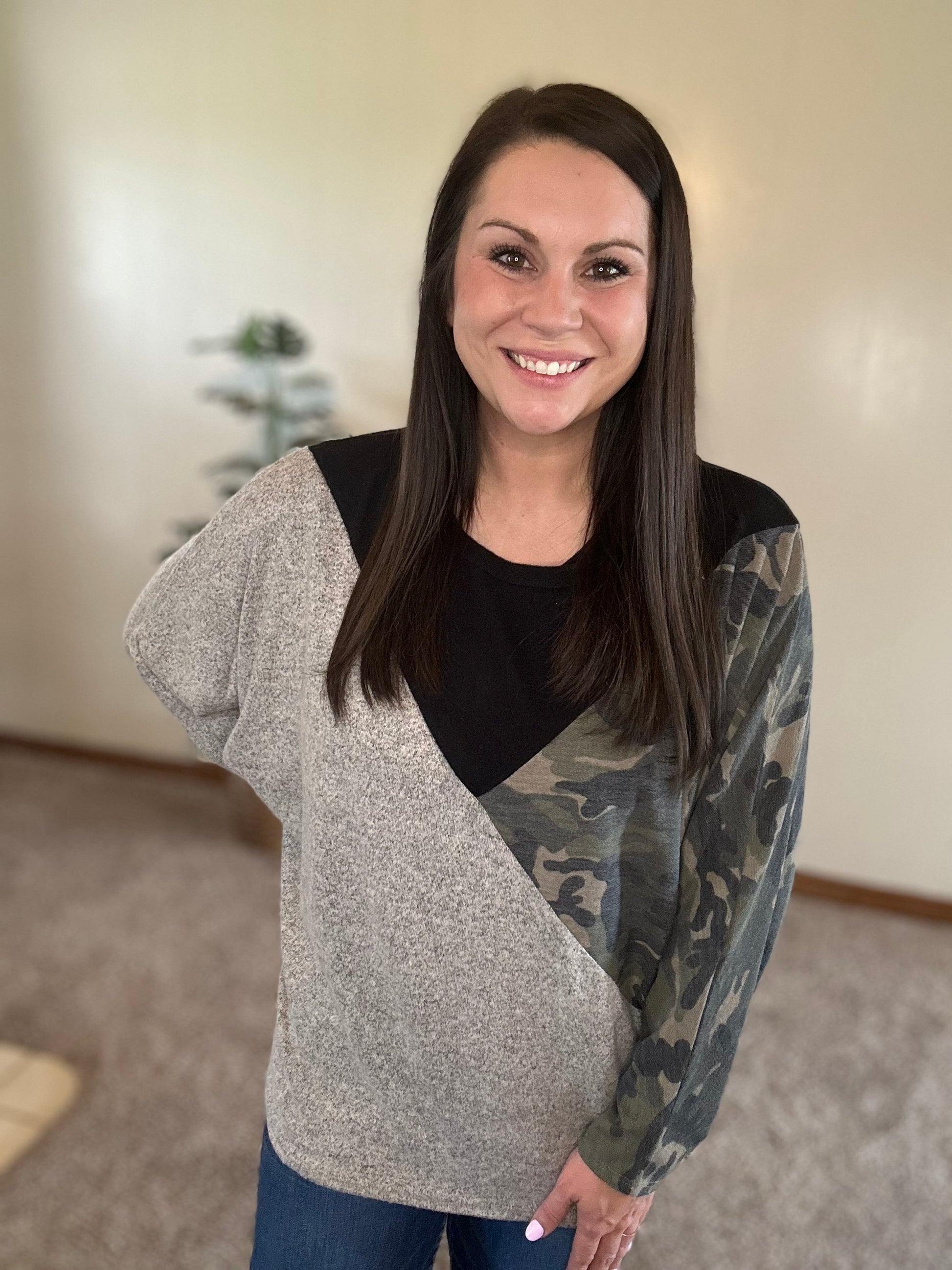 Brushed Color Block Top with Camouflage