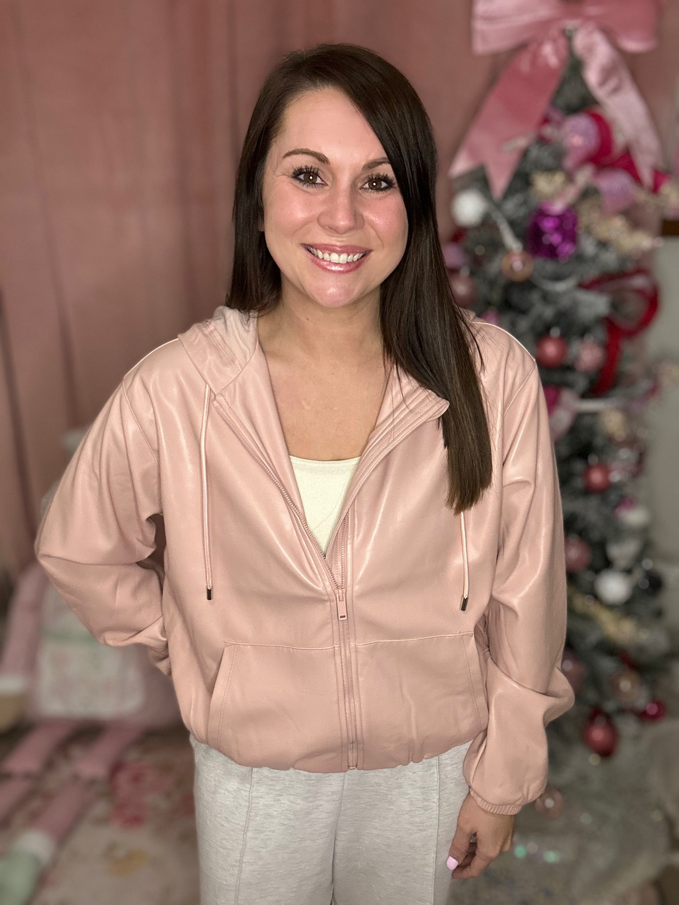 Pink Leather Hoodie Jacket