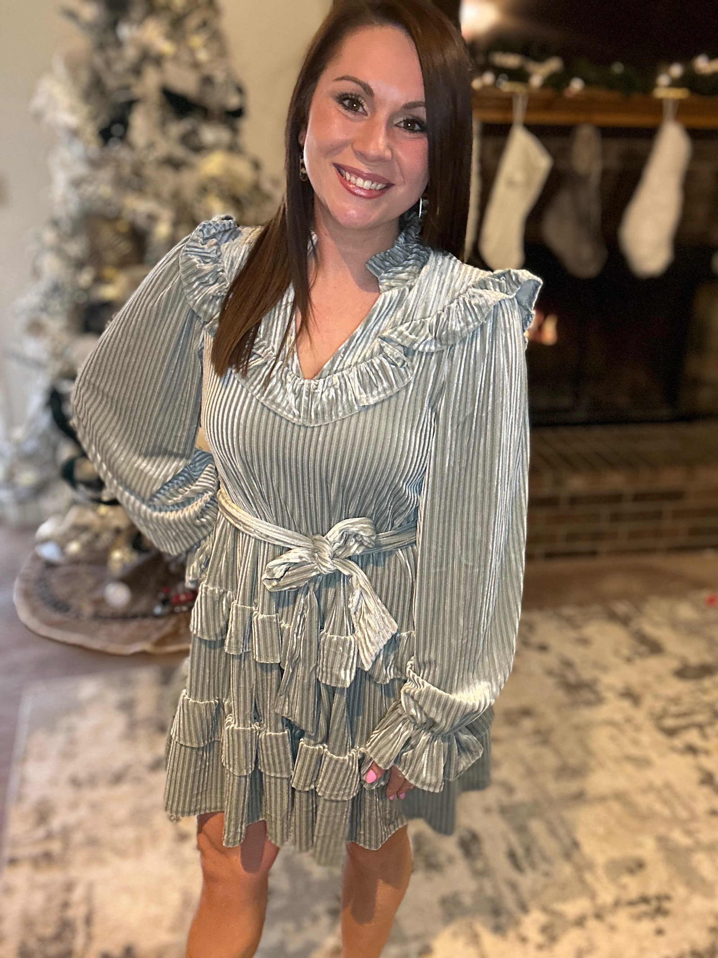 Stripe Velvet Ruffle Dress