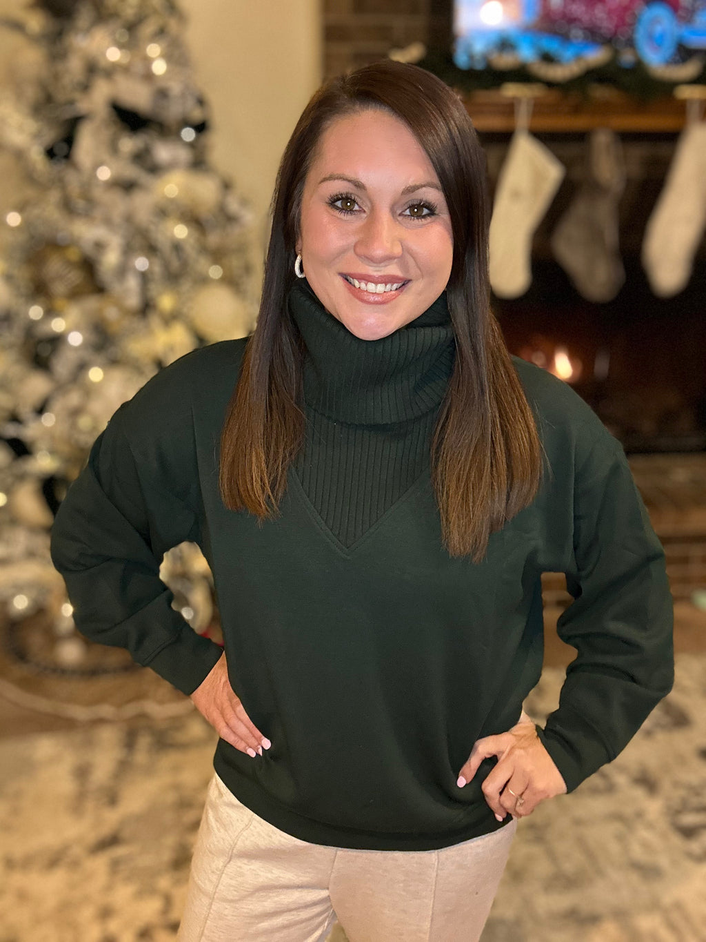 Luxe V-Neck Pine Turtleneck