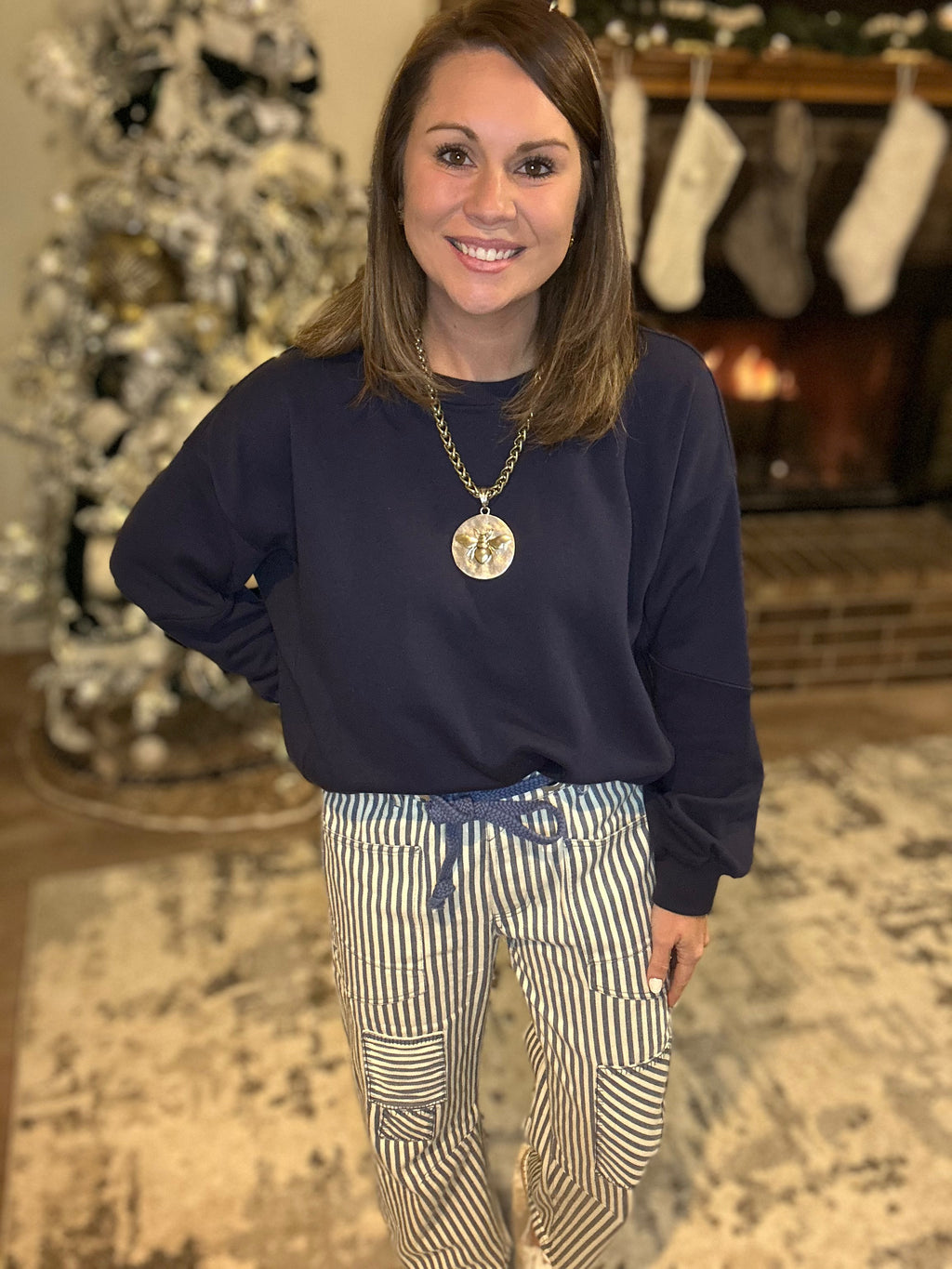 Navy Striped Barrel Pants