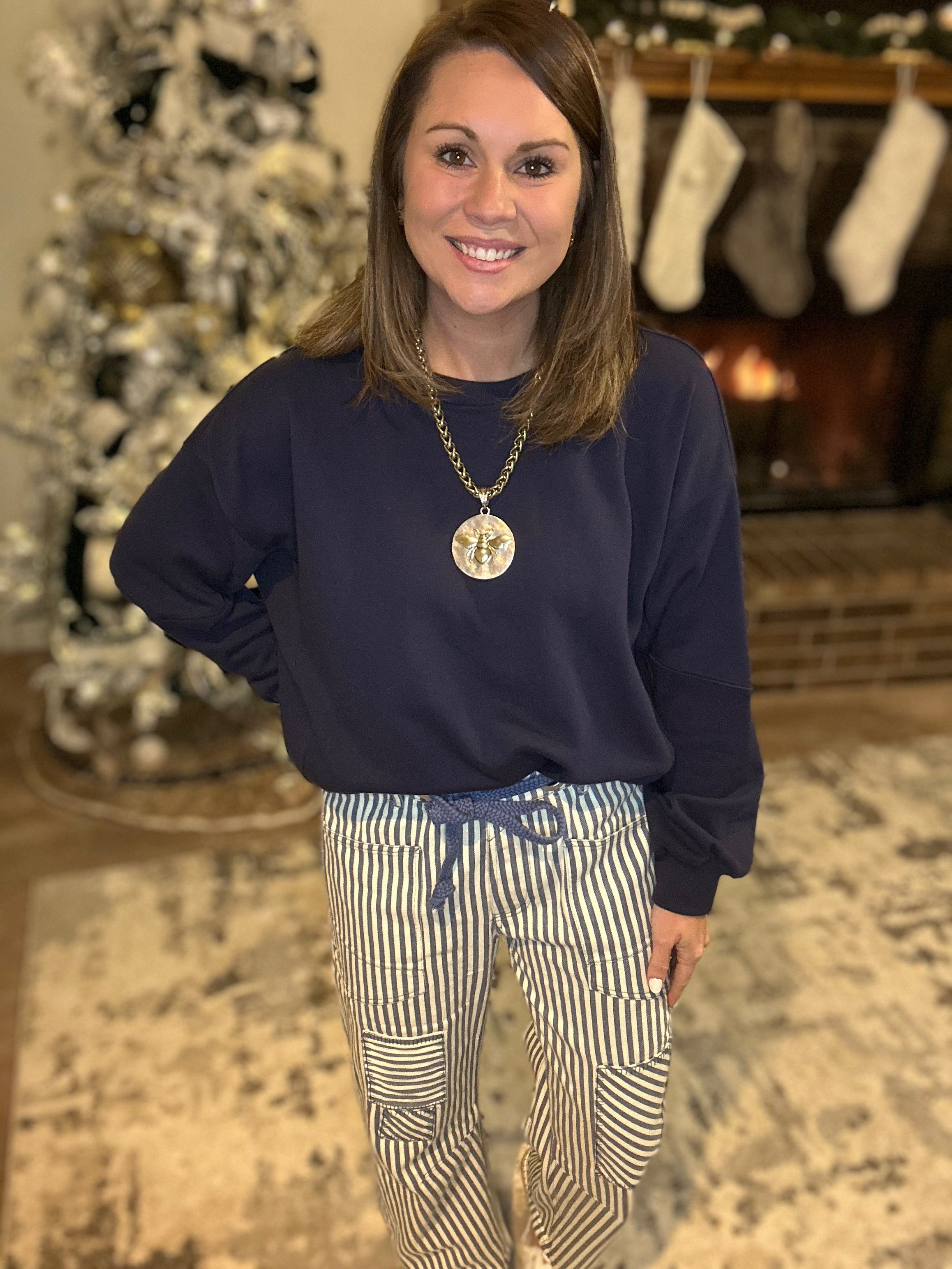 Navy Striped Barrel Pants