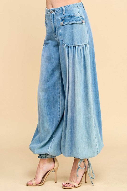 Ankle Drawstring Wide Denim Pants