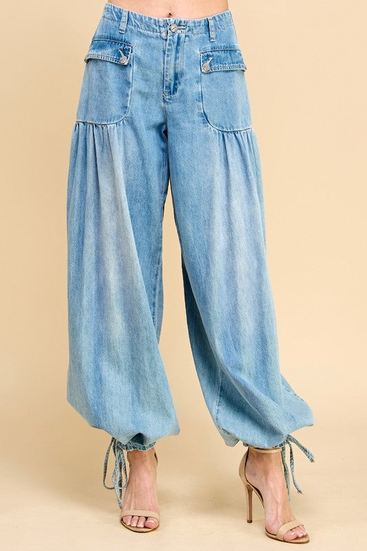 Ankle Drawstring Wide Denim Pants