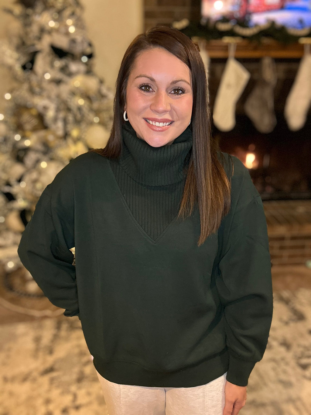 Luxe V-Neck Pine Turtleneck