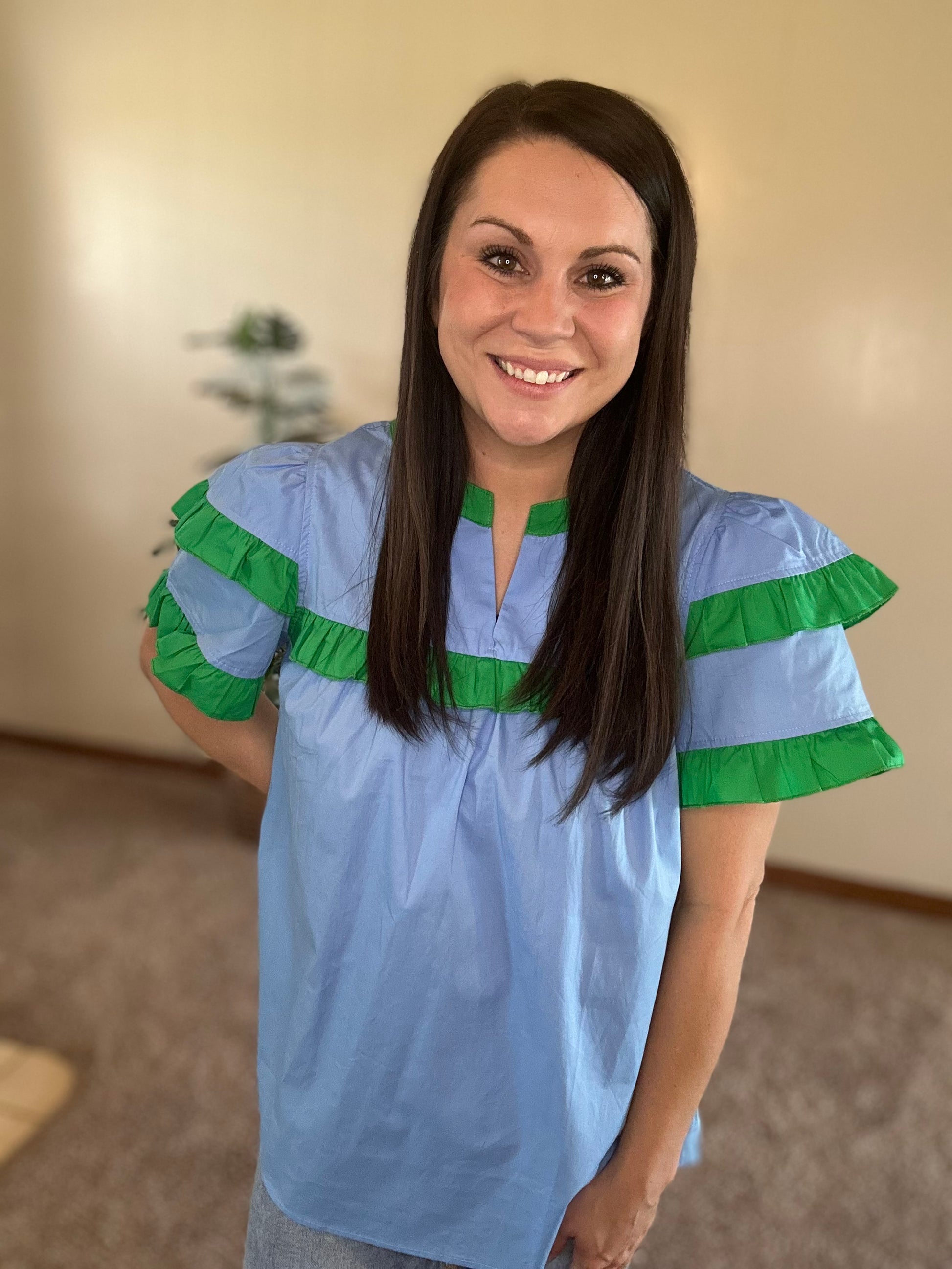 Casual Colorblock Ruffle V-Neck