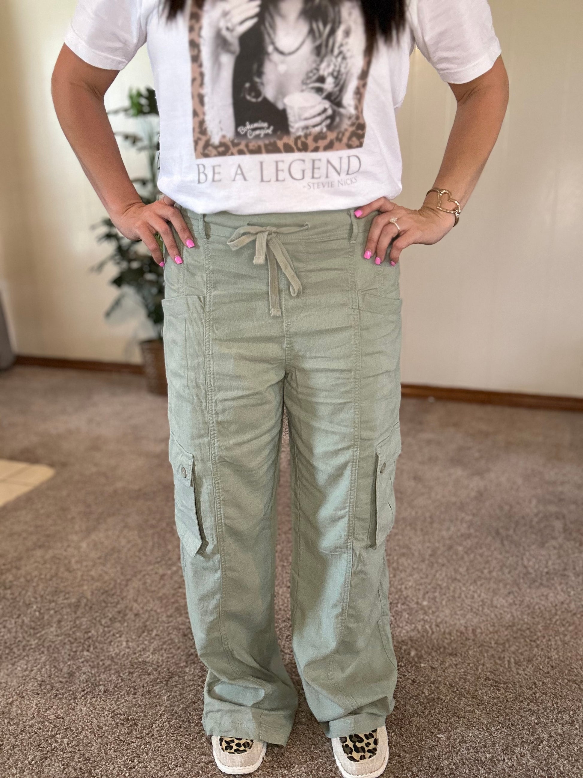 Green High Rise Linen Cargo Pants