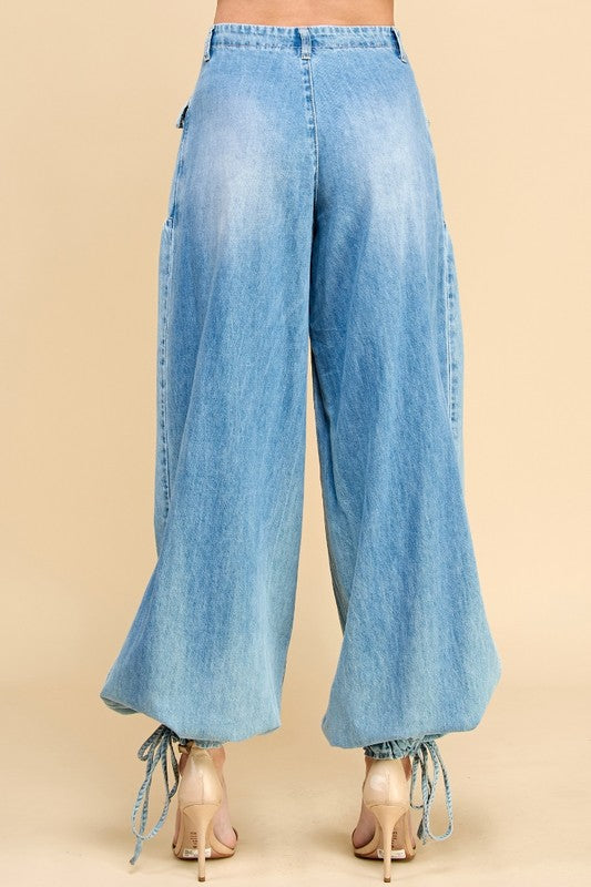 Ankle Drawstring Wide Denim Pants