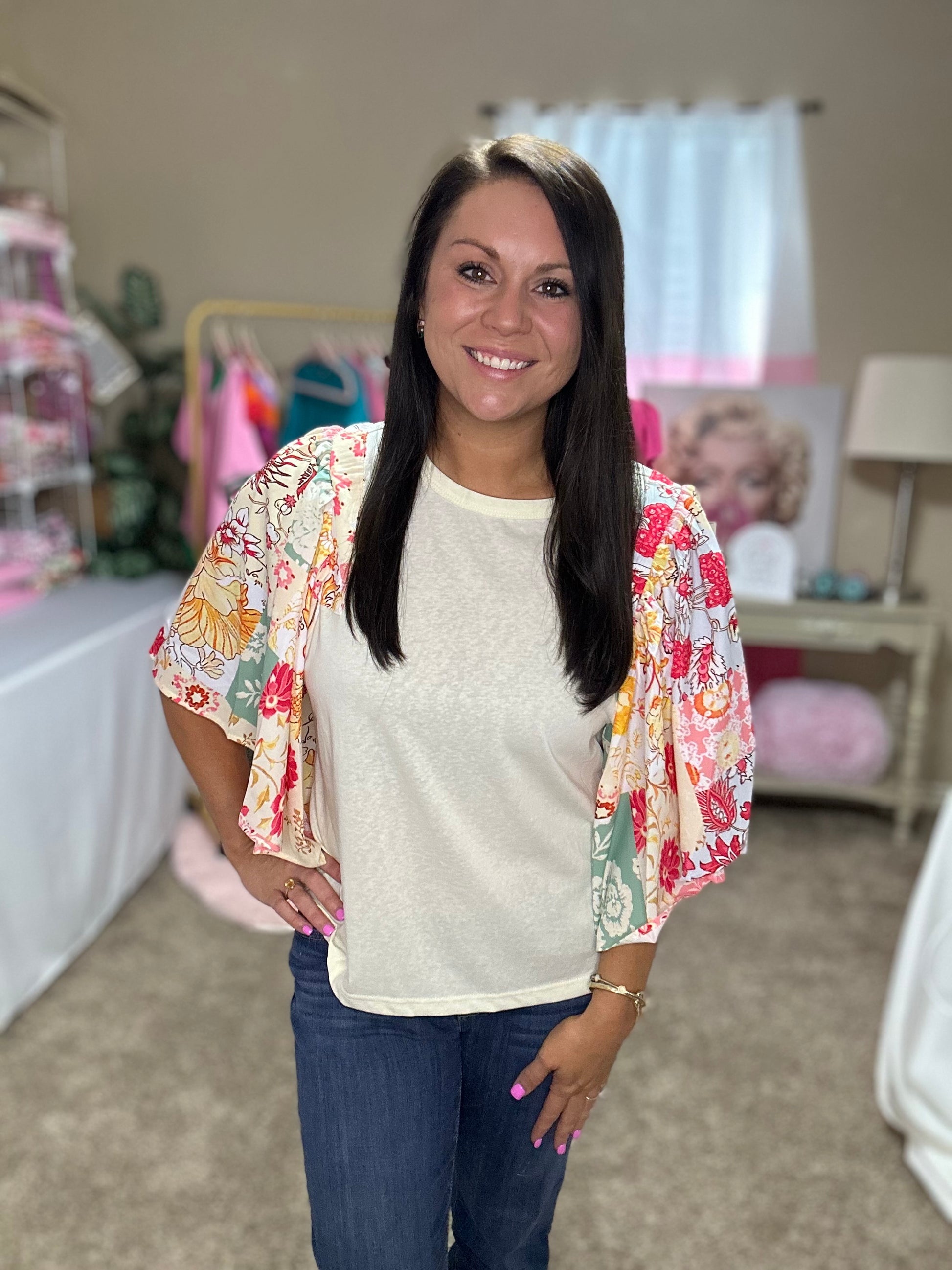Beige Floral Patchwork Half Batwing Sleeve Blouse