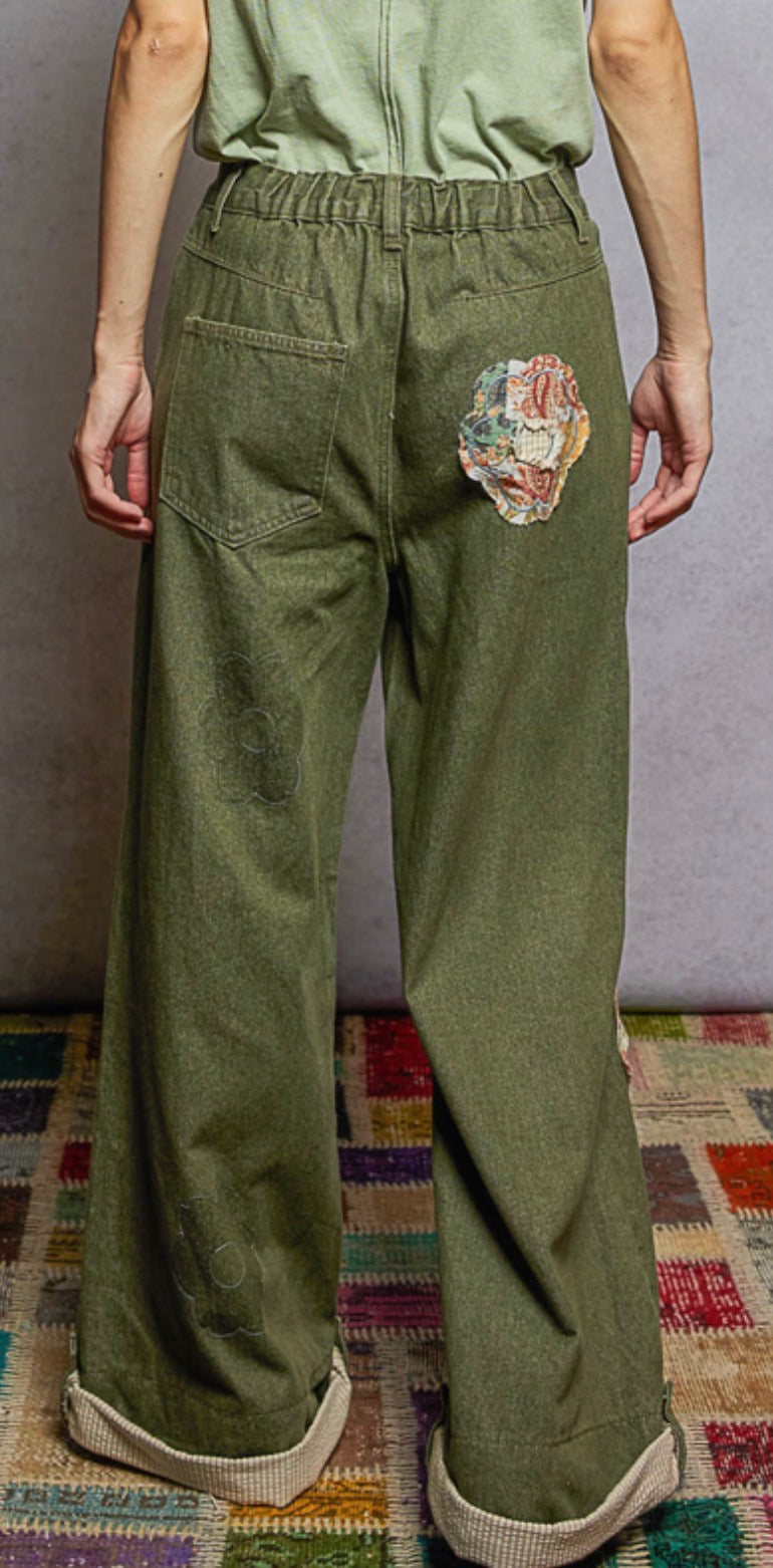 Olive Flower Patch Pants