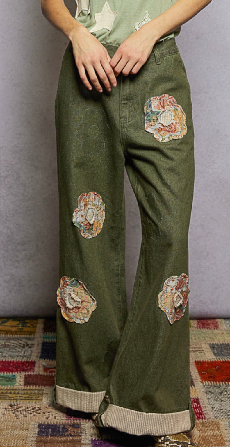 Olive Flower Patch Pants