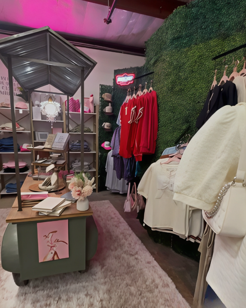 Interior of a store with clothing racks and display items.