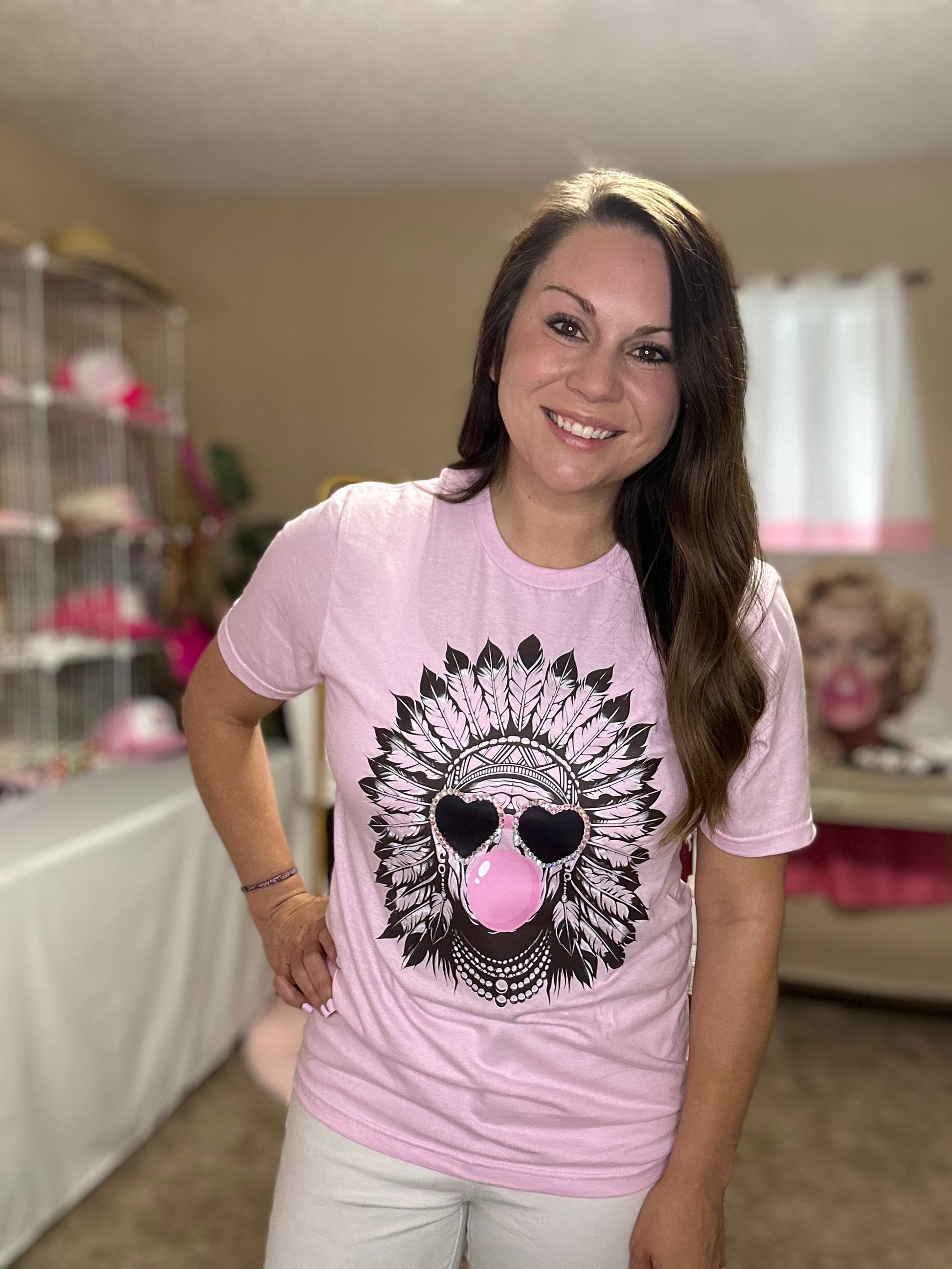 Chief Indian Bubble Gum Pink Rhinestone T-Shirt