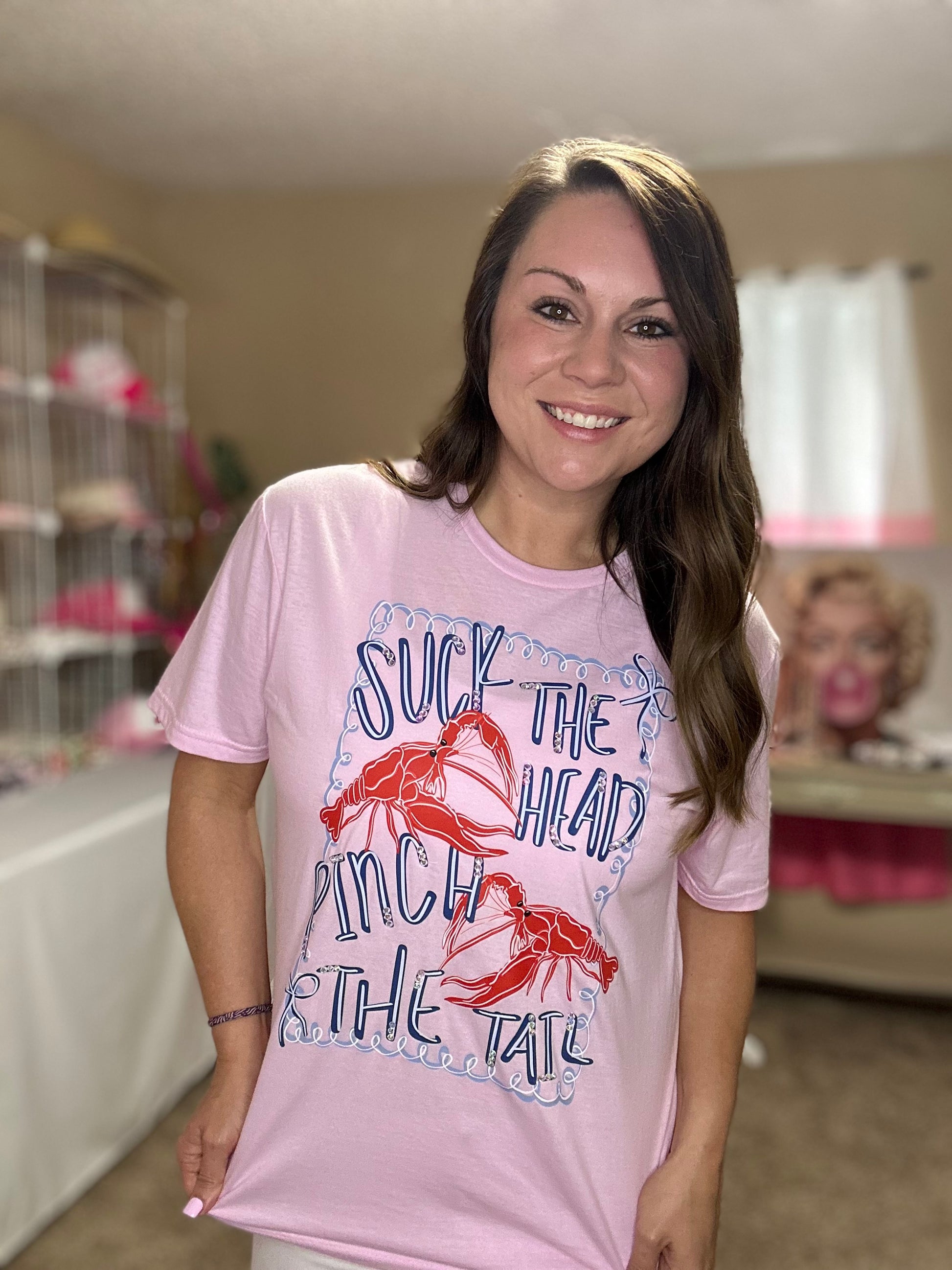 Suck the heads, Pinch the tails Rhinestone T-Shirt