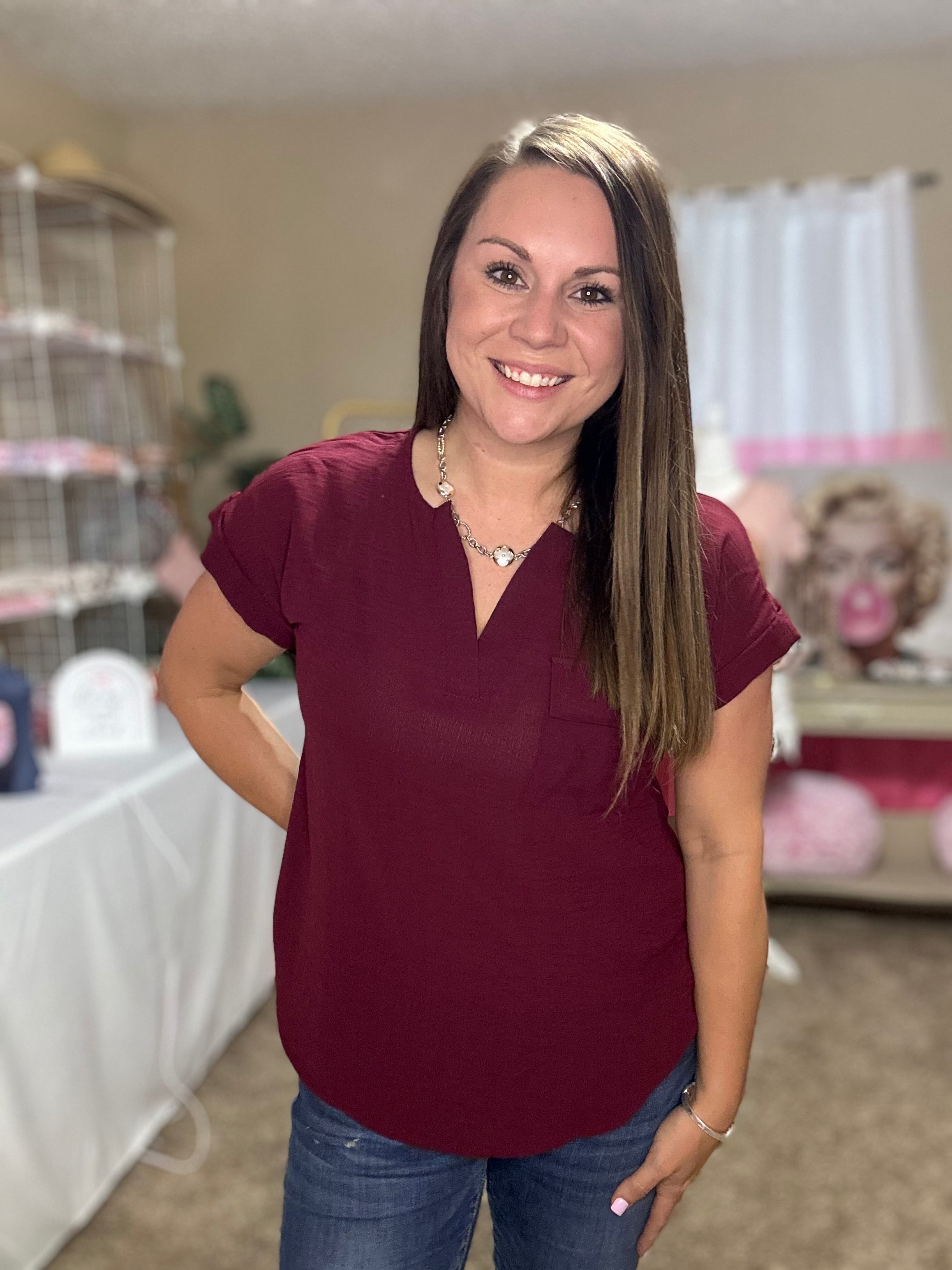 Maroon Split Neck Blouse (Plus)