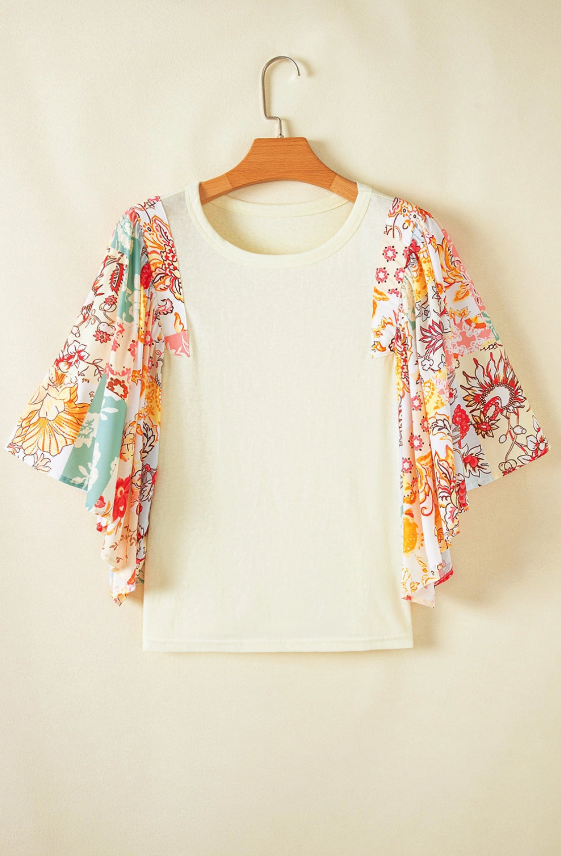 Beige Floral Patchwork Half Batwing Sleeve Blouse