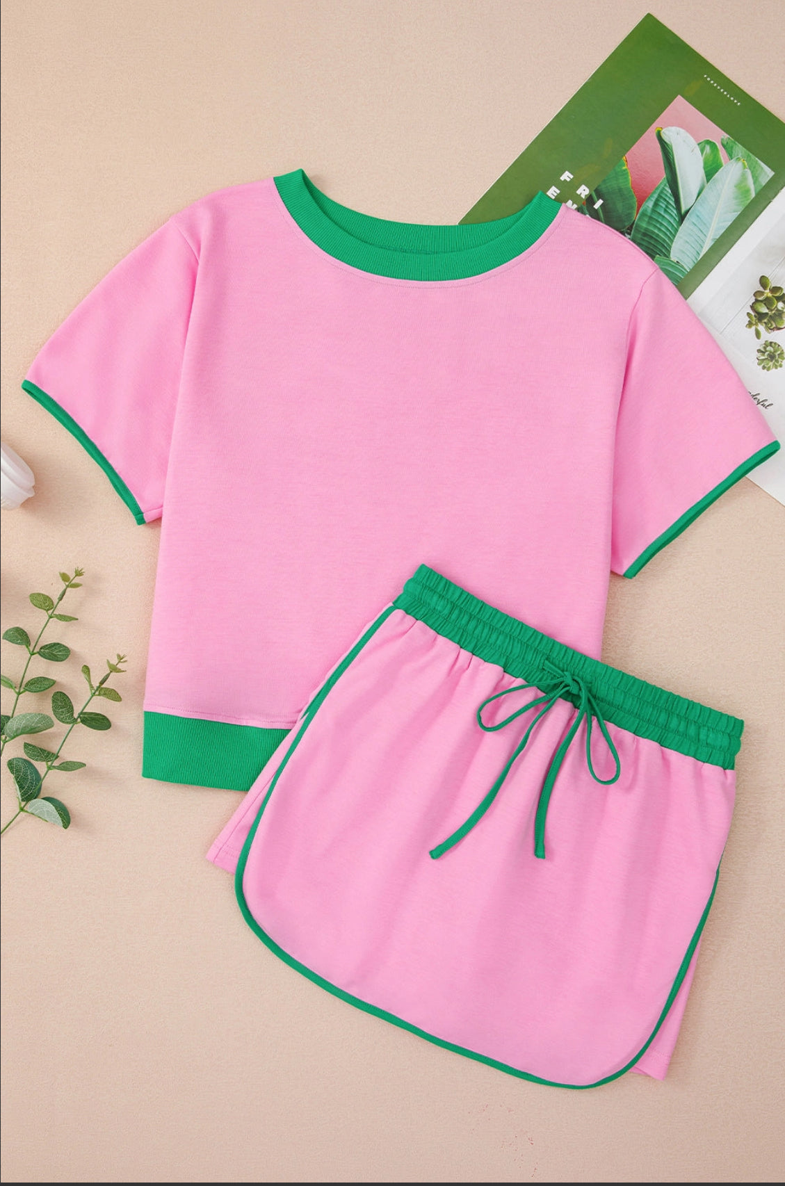 Pink/Green Drop Shoulder 2pcs Set