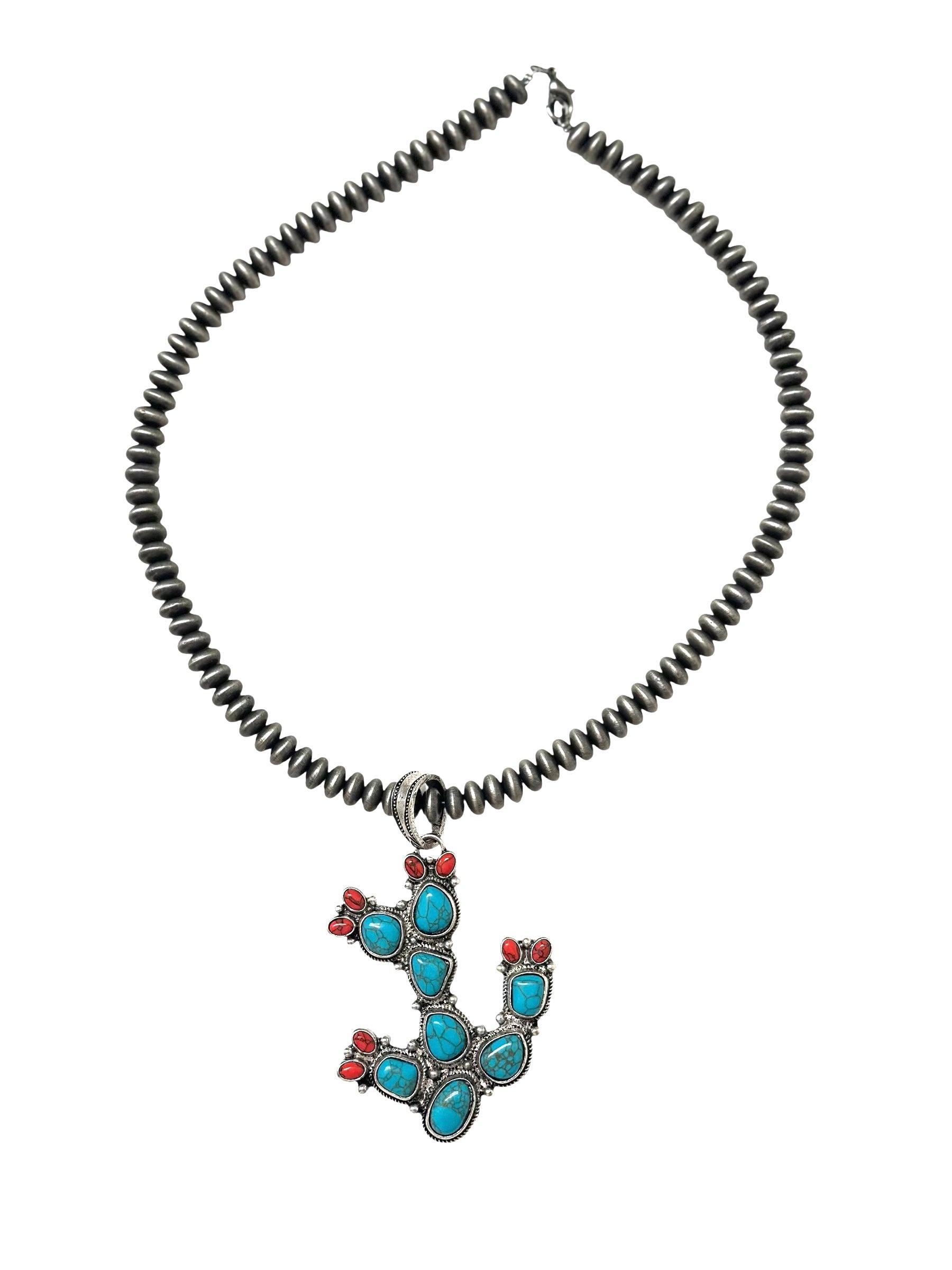 Cactus Turquoise and Beaded Pendant Necklace