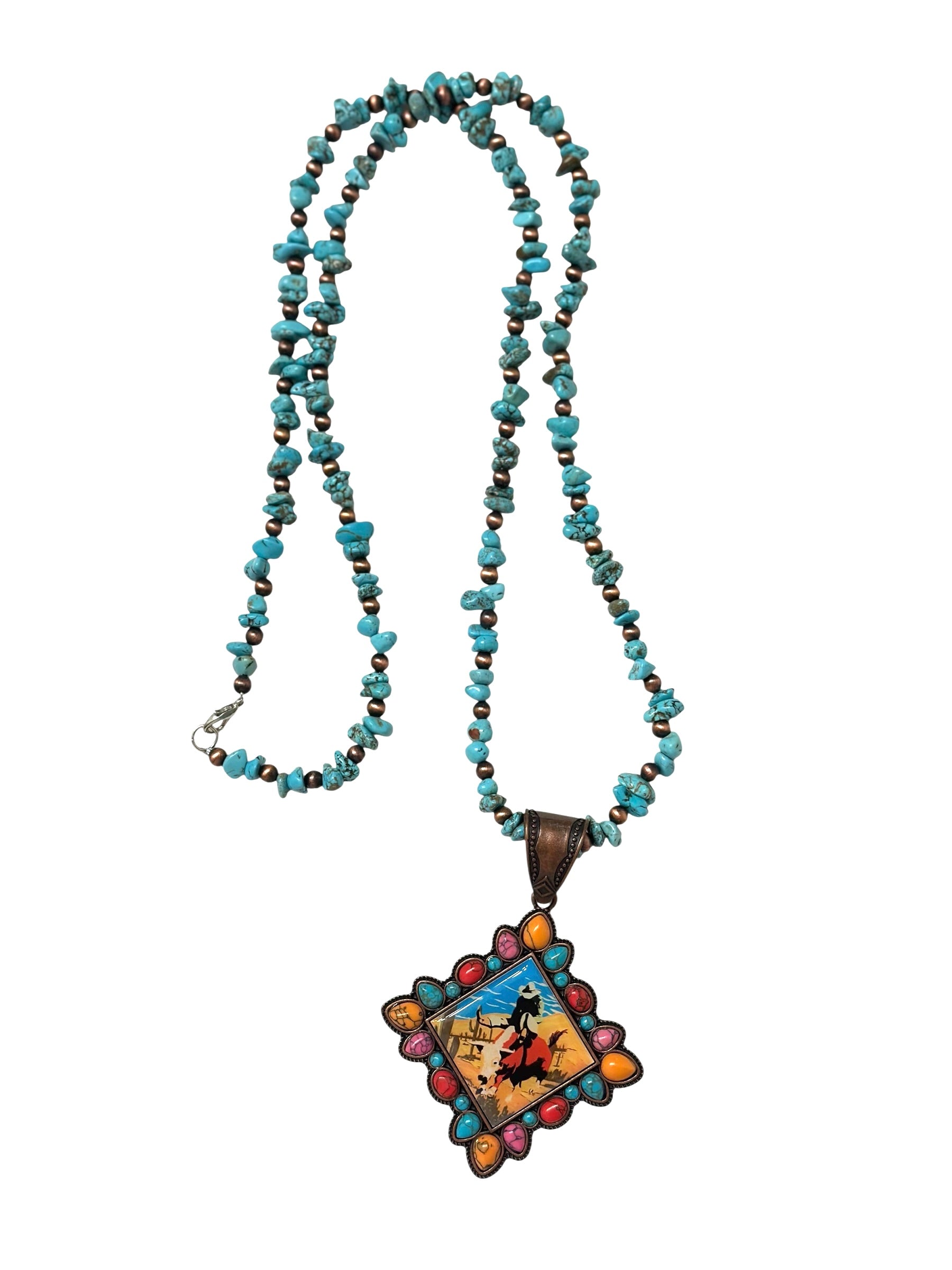Colorful Turquoise and Bronze Bull Rider Pendant