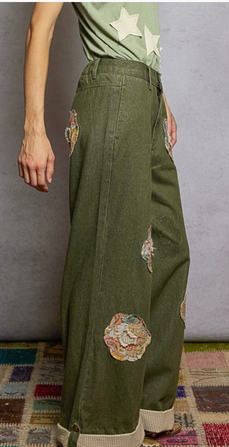 Olive Flower Patch Pants